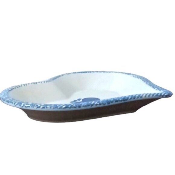 Blue Spongeware Heart Shaped Pie Dish‎ w/ Blue Heart Decor Glazed - Picture 3 of 4